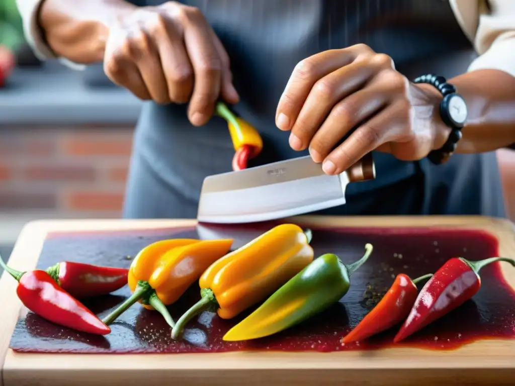 Un chef peruano cortando ajíes rojos y amarillos, resaltando la importancia de los ajíes peruanos en la gastronomía