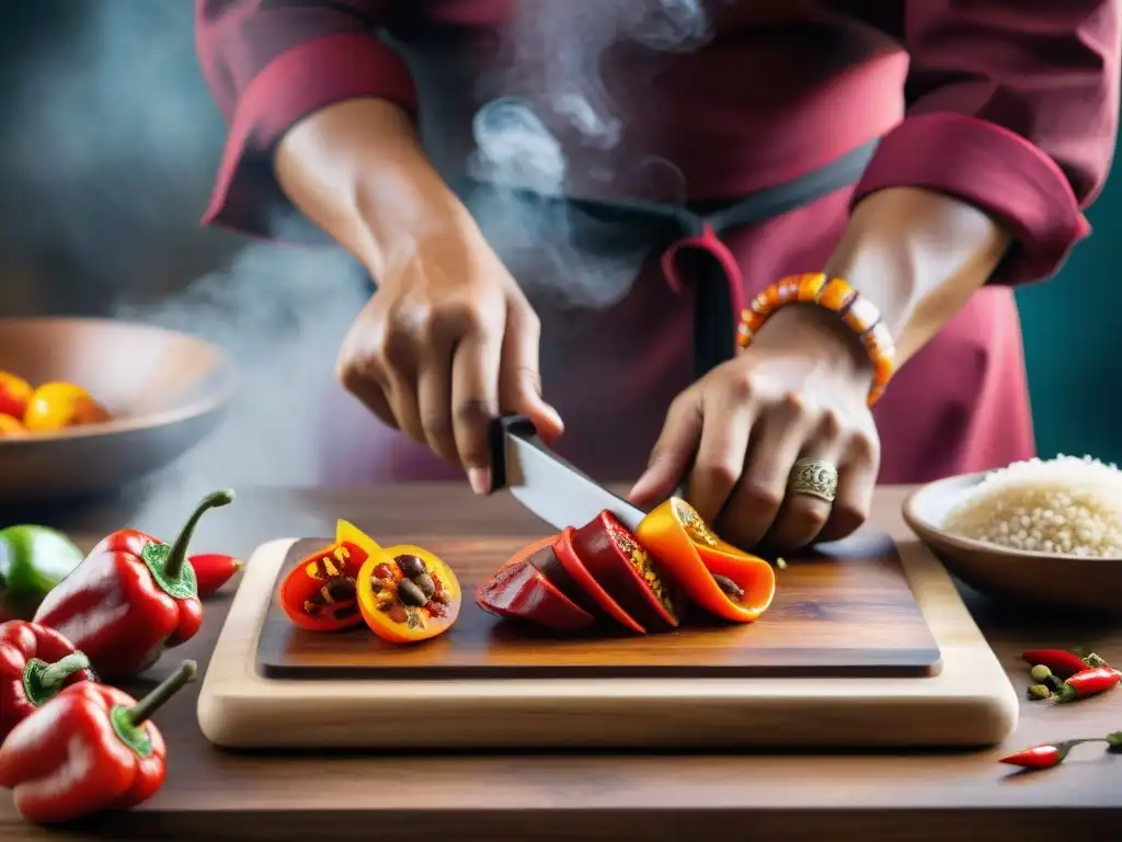 Un chef peruano cortando ajíes rojos con destreza en una cocina tradicional, resaltando los beneficios de los ajíes peruanos