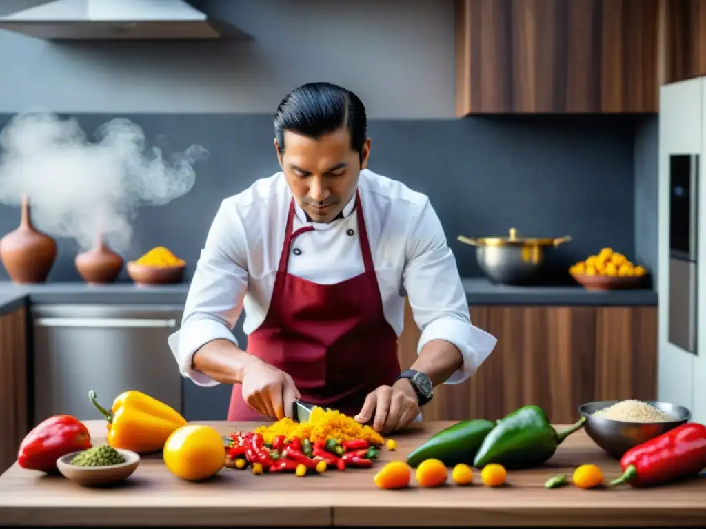 Un chef peruano cortando ajíes rojos y amarillos en una cocina moderna, resaltando los beneficios del ají en cocina peruana