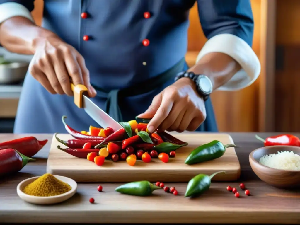 Un chef peruano cortando ajíes rojos en una cocina llena de aromas y colores, destacando el ají en la gastronomía peruana