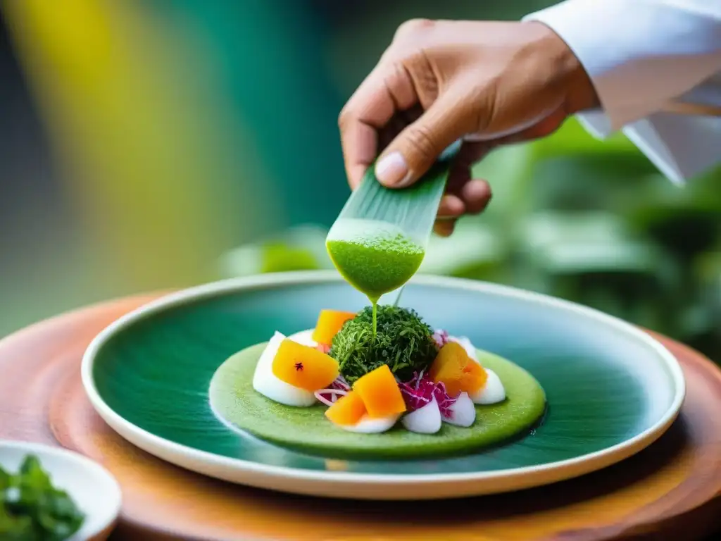 Un chef peruano coloca algas recién cosechadas en un ceviche, fusionando tradición y modernidad