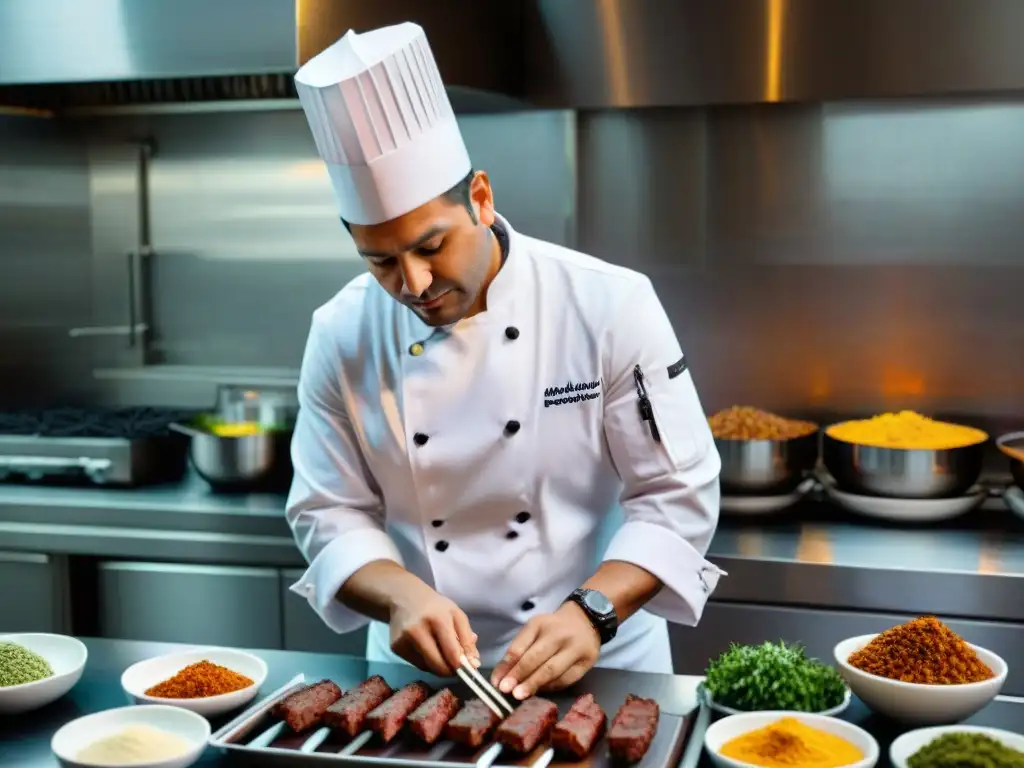 Un chef peruano de alta cocina prepara meticulosamente Anticuchos en una moderna cocina