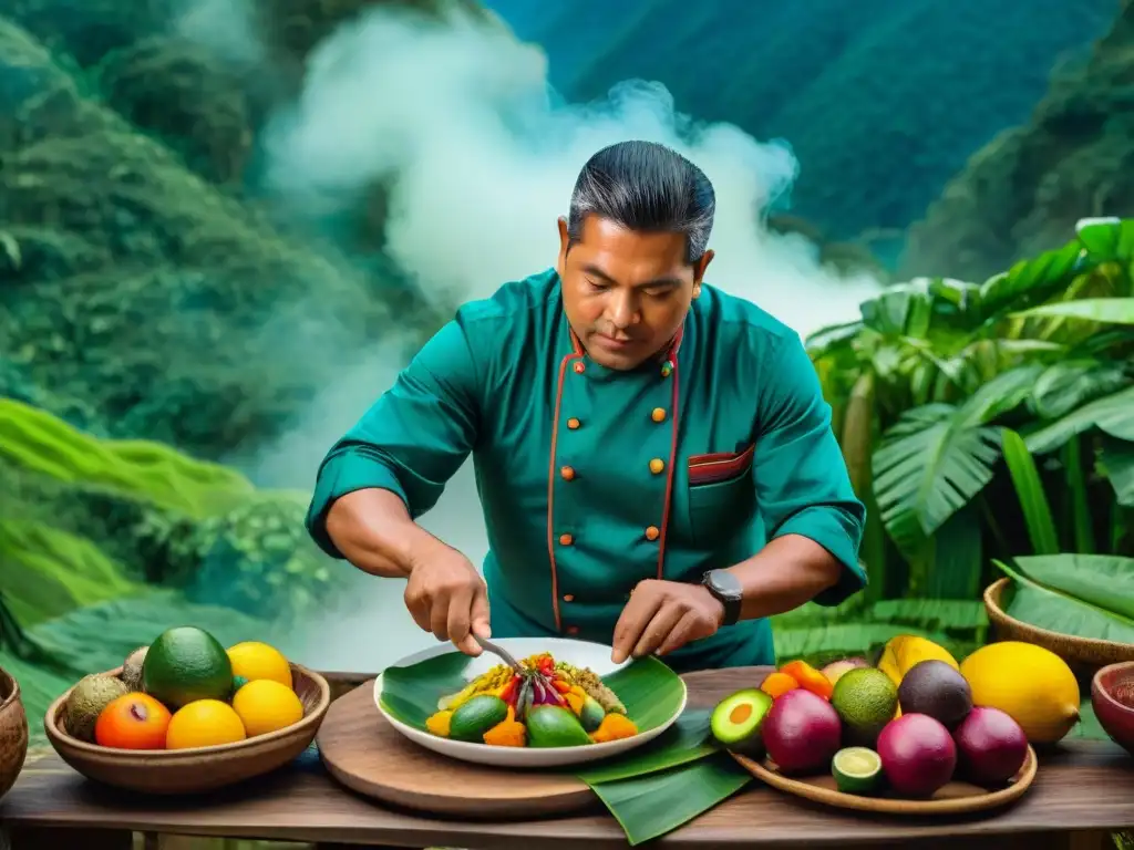 Chef amazónico preparando plato tradicional con maestría en la selva peruana Un chef peruano de la Amazonía prepara un plato tradicional rodeado de exuberante vegetación, frutas exóticas y colores vibrantes