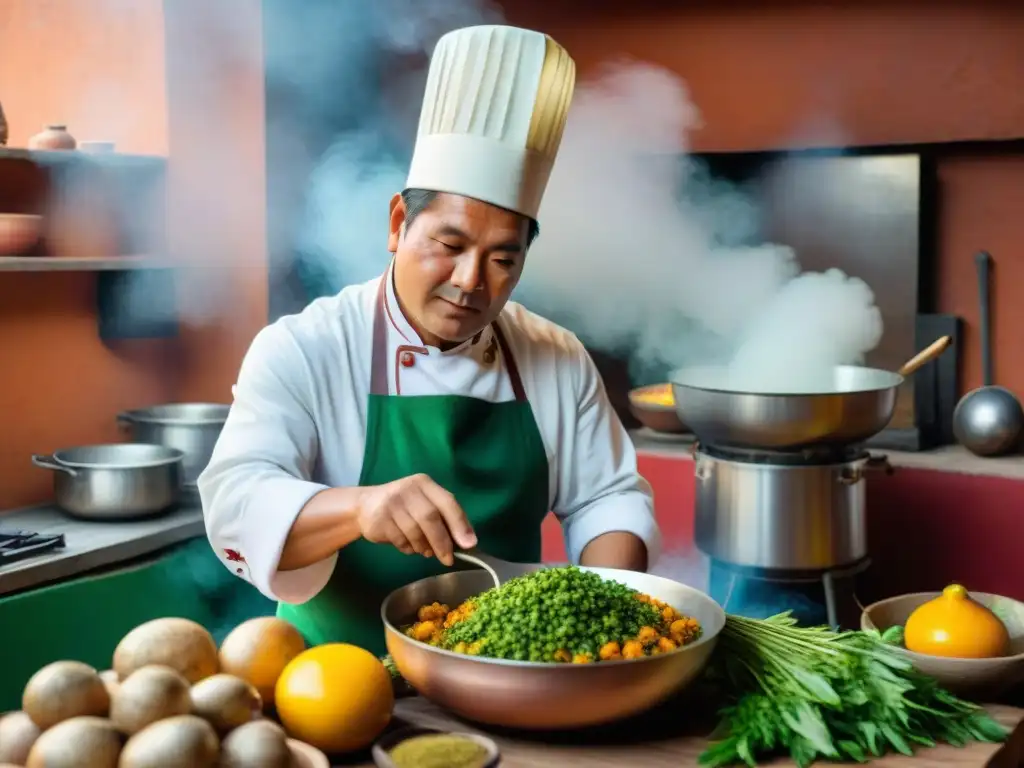 Un chef peruano preparando con amor un Picante de Cuy en una cocina tradicional