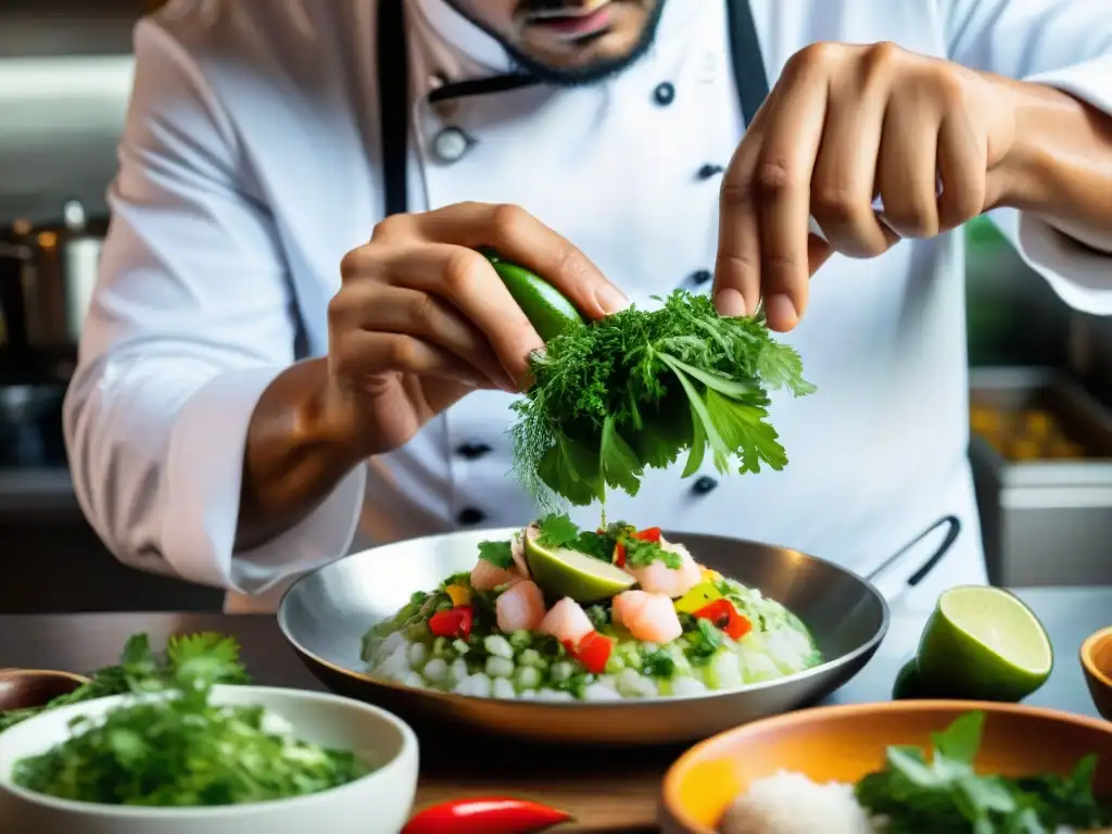 Chef peruano añadiendo Hierba Luisa a ceviche, realzando sabores