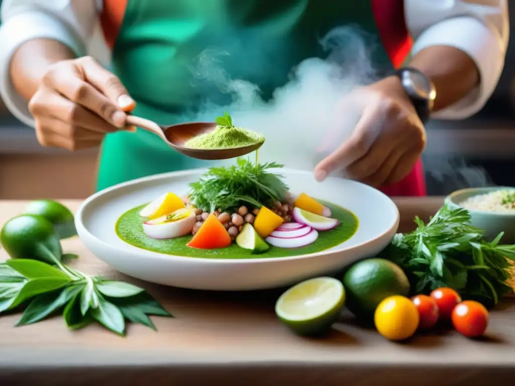 Chef peruano añadiendo hierba luisa a ceviche