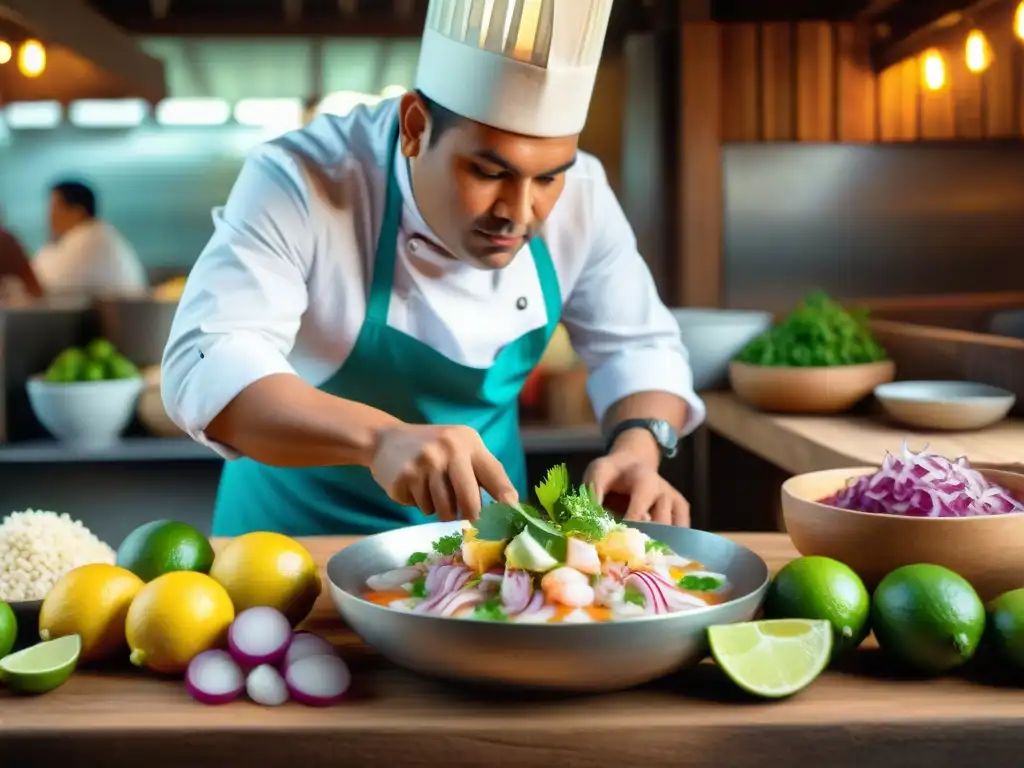 Un chef peruano ancestral prepara un ceviche vibrante en un bullicioso mercado