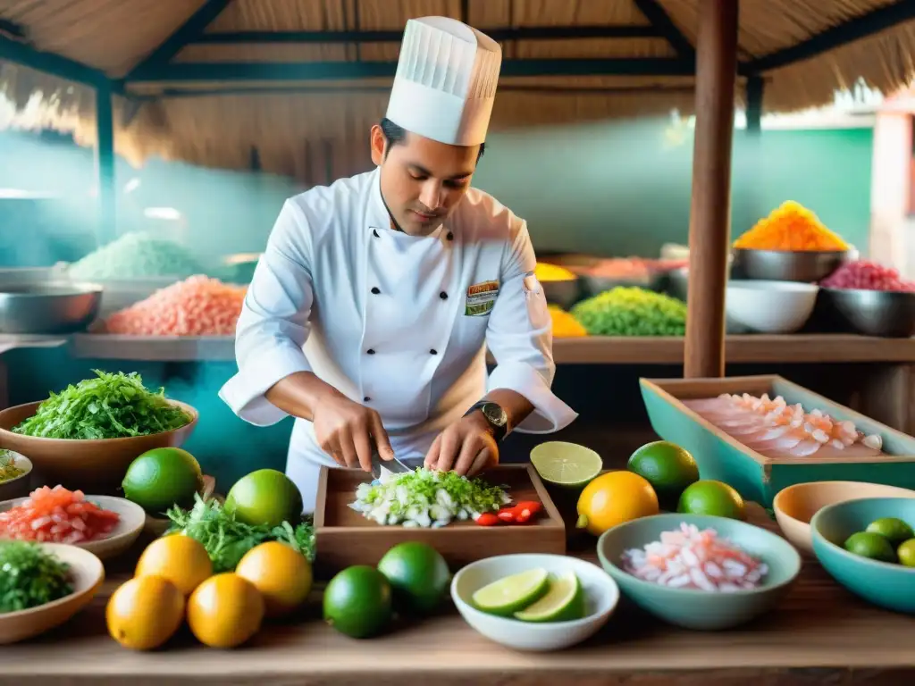 Un chef peruano ancestral prepara ceviche con destreza en un mercado vibrante