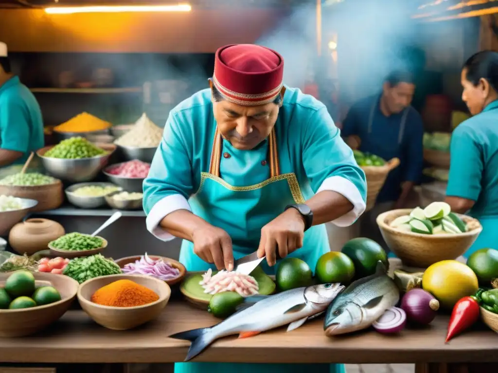 Un chef peruano ancestral preparando ceviche con precisión