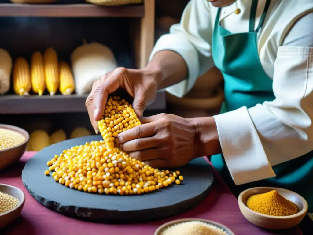 Un chef peruano muele maíz ancestral con una piedra, conectando con el cultivo ancestral maíz peruano