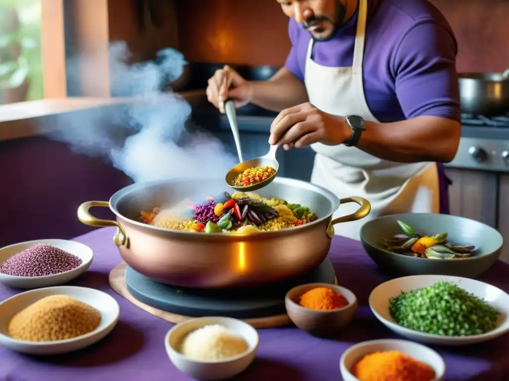 Un chef peruano revive la gastronomía ancestral preparando un plato con ingredientes tradicionales en una cocina rústica