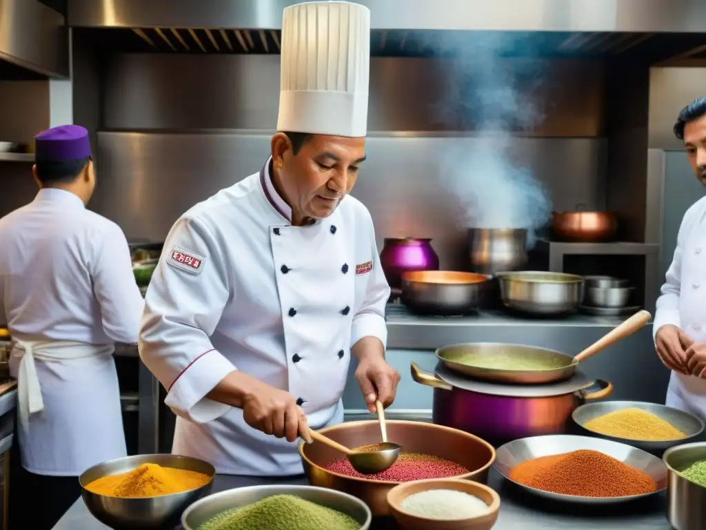 Chef peruano anciano preparando aji de gallina en una cocina tradicional de Lima, fusionando recetas ancestrales gastronomía peruana con innovación