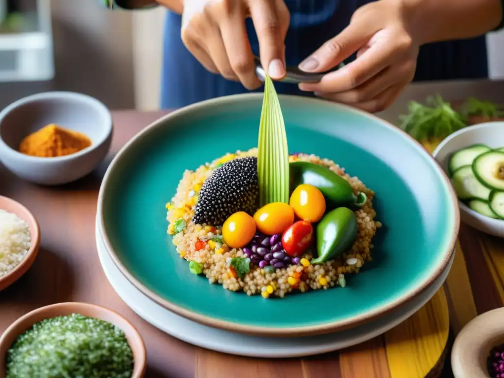 Un chef peruano prepara la caigua andina con maestría en un ambiente tradicional y acogedor, rodeado de ingredientes frescos de los Andes