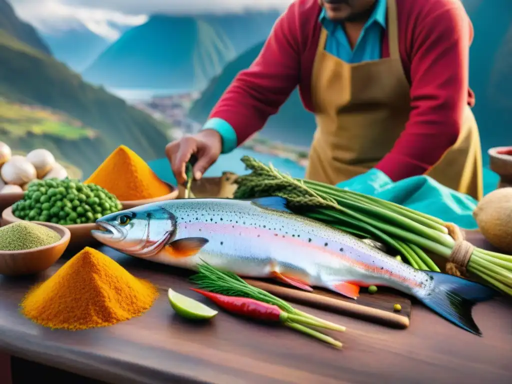 Chef peruano sazona trucha andina en mercado local de la montaña, reflejando autenticidad culinaria