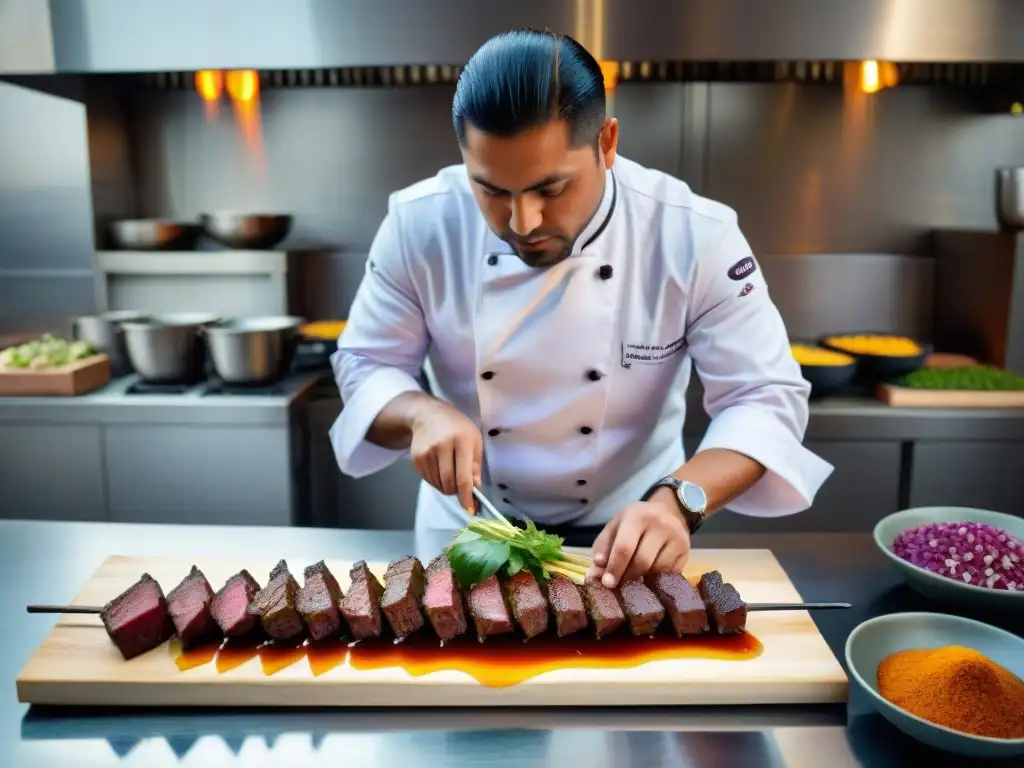 Un chef peruano prepara anticuchos de alta cocina en una cocina moderna, fusionando tradición e innovación culinaria