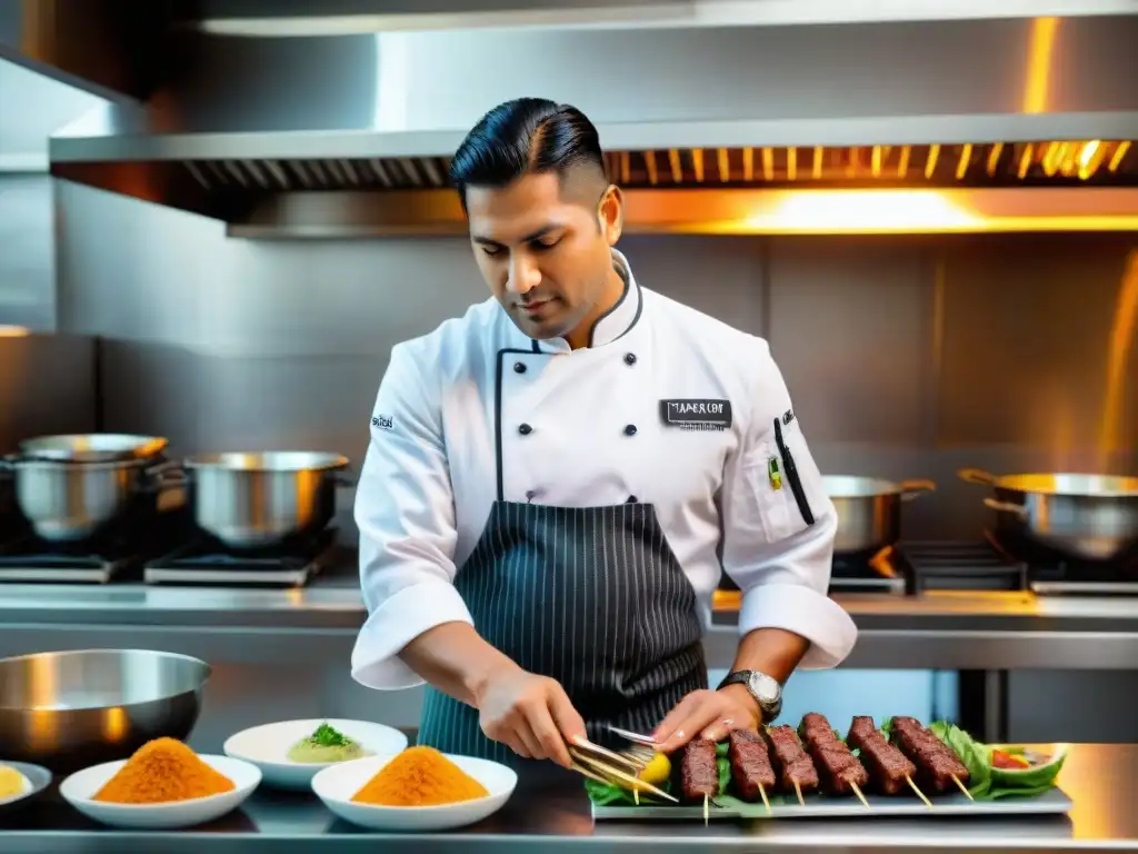 Un chef peruano prepara anticuchos de alta cocina en un elegante restaurante, deslumbrando con su destreza e innovación culinaria