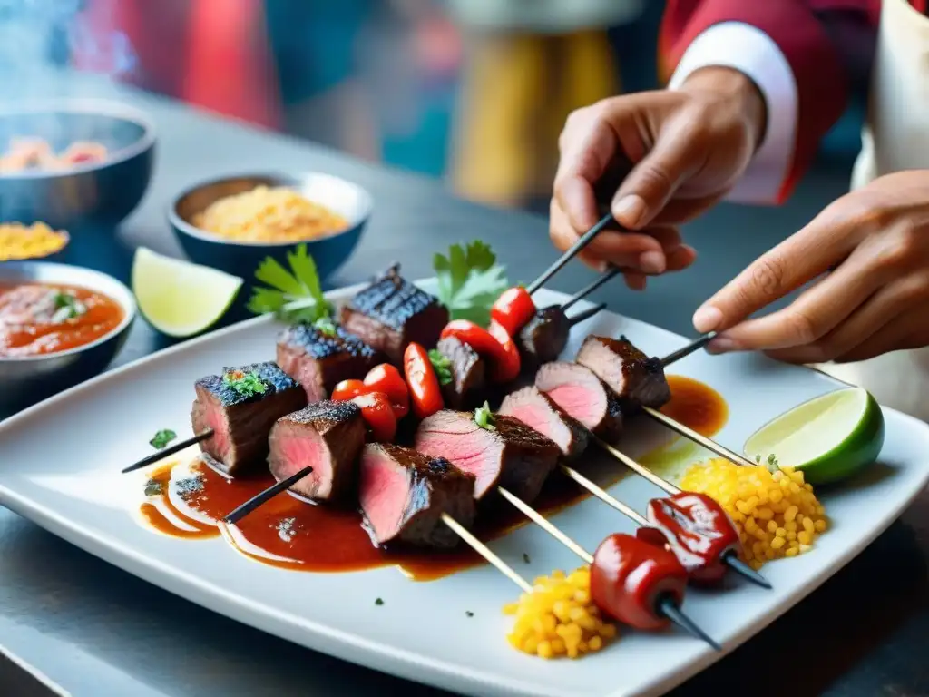 Un chef peruano preparando anticuchos con corazón de res en un mercado local de Lima