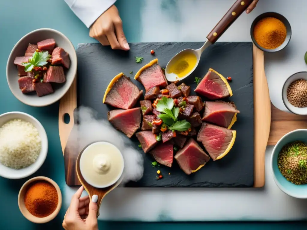 Un chef peruano prepara anticuchos de corazón, fusionando tradición e innovación en la cocina moderna