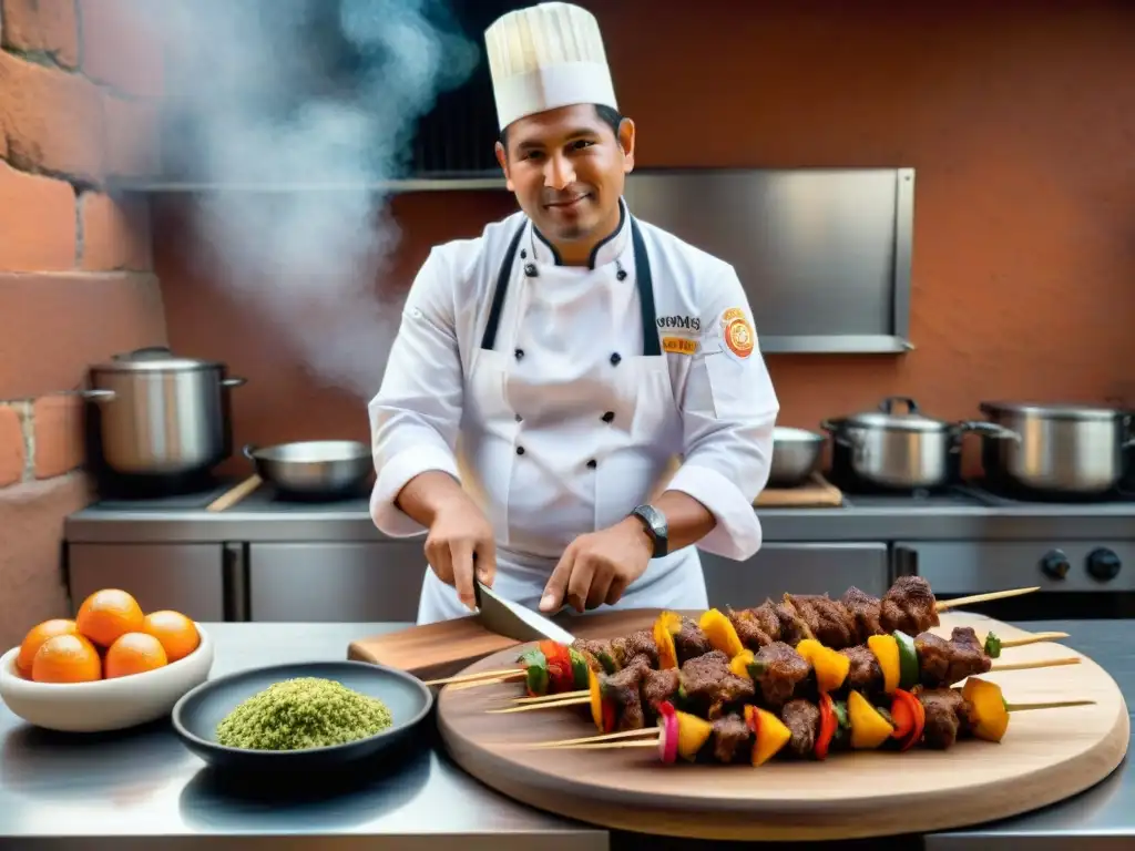 Chef peruano preparando anticuchos con ingredientes autóctonos en cocina rústica