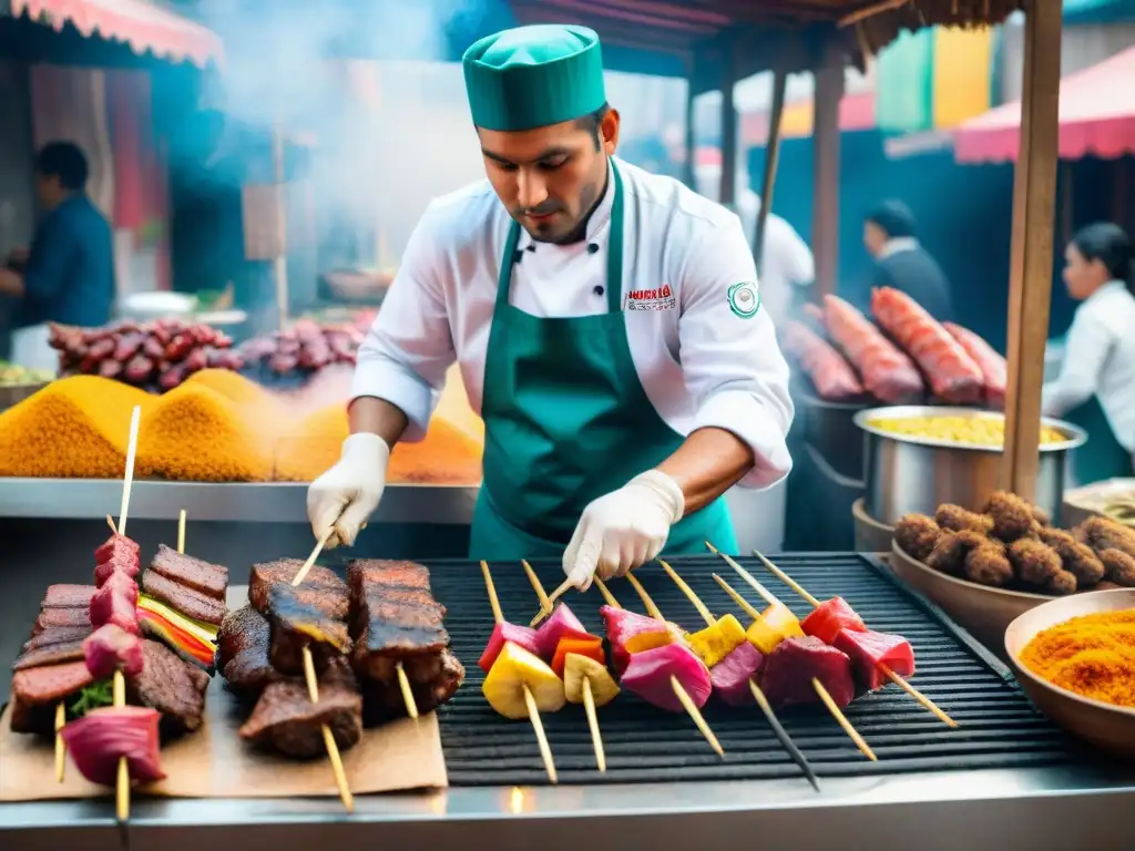 Deliciosos anticuchos: arte culinario peruano en Lima Chef peruano preparando anticuchos en mercado local: colores vibrantes, manos expertas y esencia culinaria