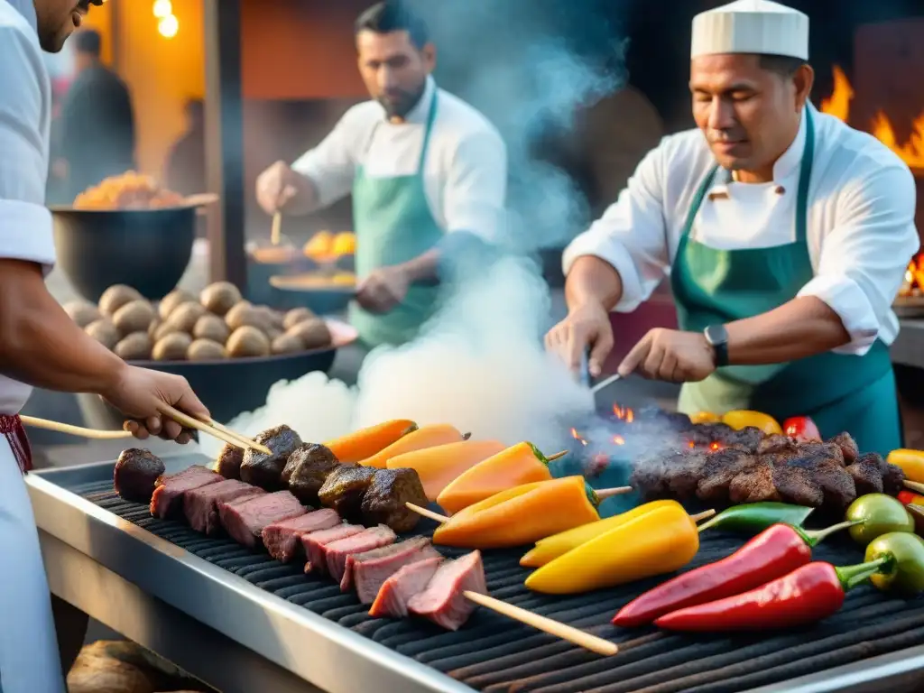 Un chef peruano preparando anticuchos en un mercado, mostrando destreza y tradición