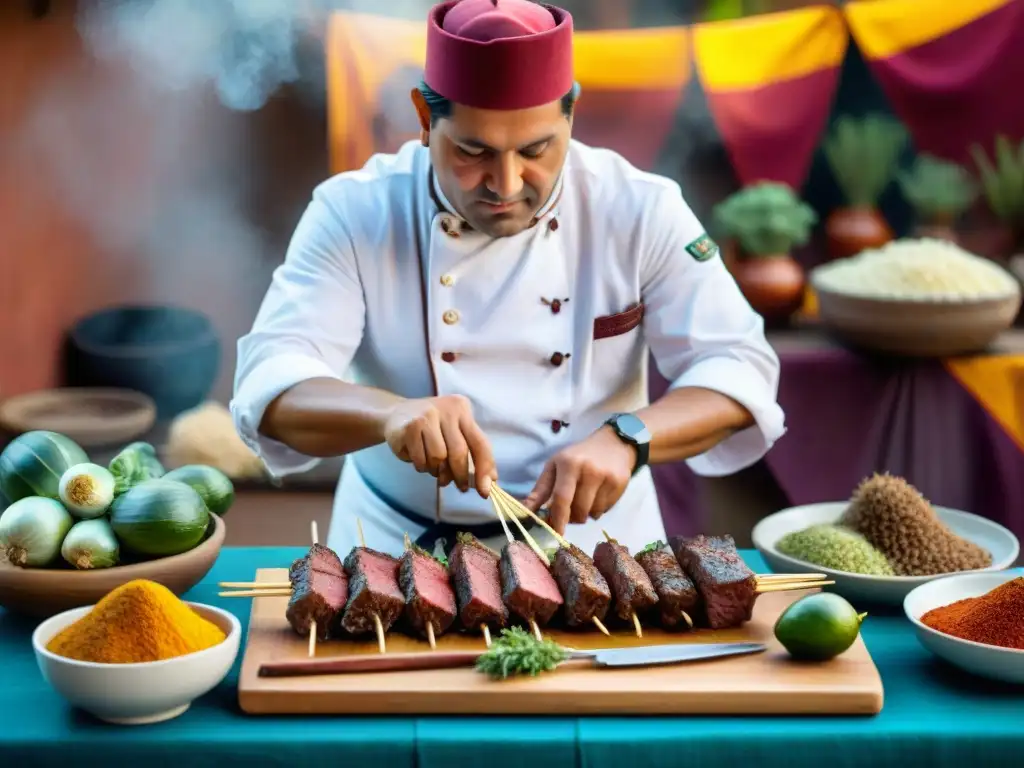 Un chef peruano innovando con anticuchos peruanos, maridando corazón de res con especias y hierbas frescas en un ambiente tradicional