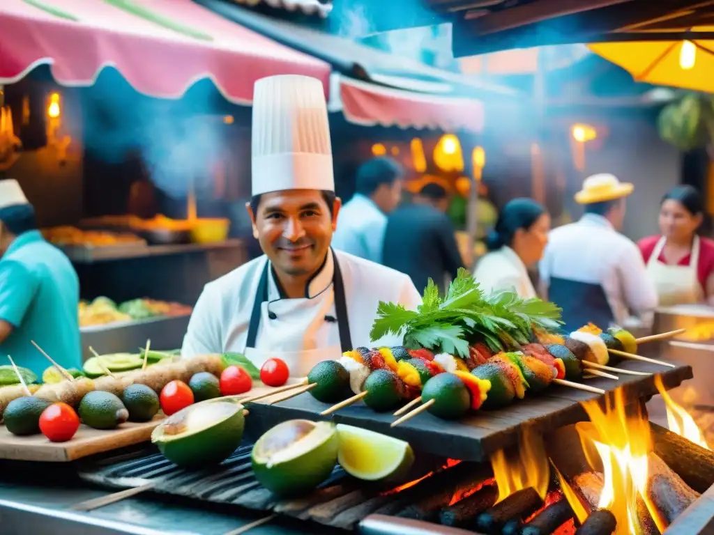 Un chef peruano preparando anticuchos de pescado en un mercado callejero de Lima