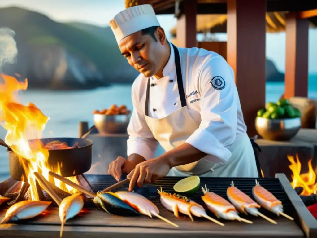 Un chef peruano prepara anticuchos de pescado en la parrilla junto al mar al atardecer