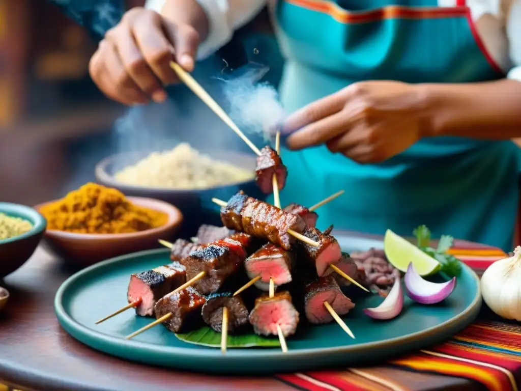 El chef peruano prepara anticuchos con receta auténtica, inmerso en coloridas telas y cerámica