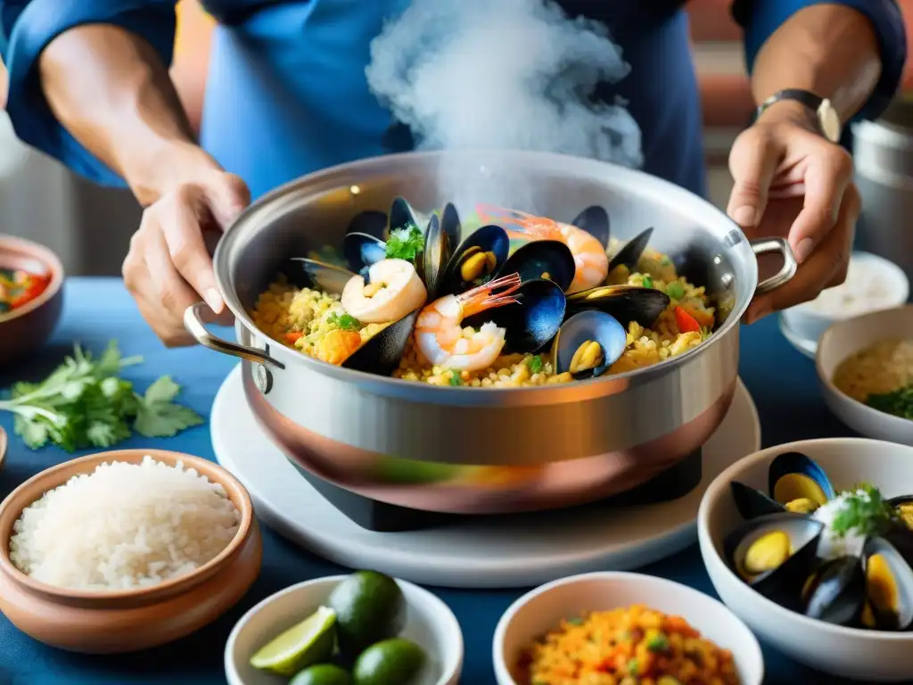 Un chef peruano preparando Arroz con Mariscos receta tradicional en un mercado costero vibrante