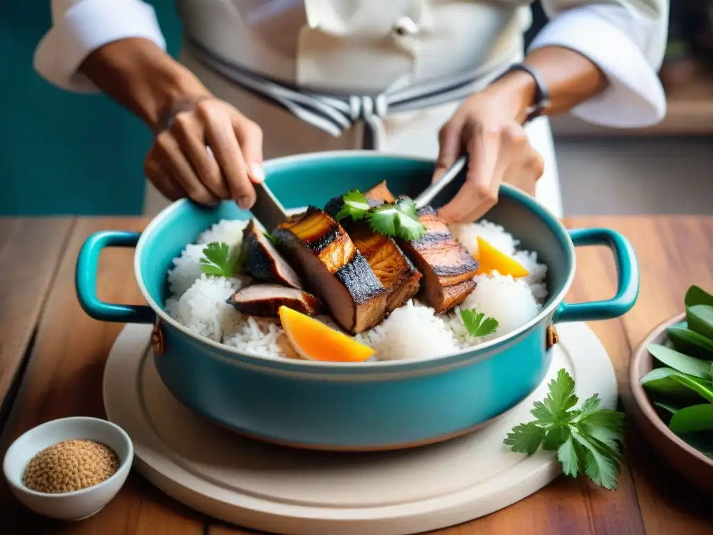 Un chef peruano prepara Arroz con Pato a la Chiclayana, creando una obra de arte culinaria en una cocina rústica