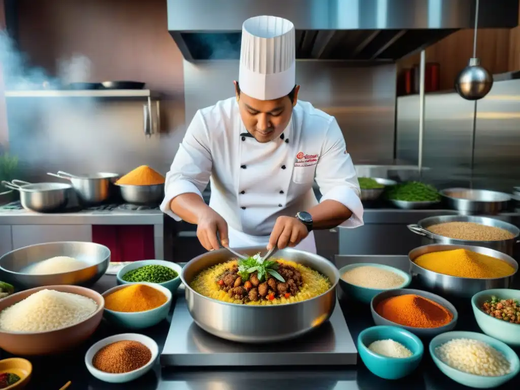 Un chef peruano prepara Arroz con Pato a la Chiclayana en una bulliciosa cocina, rodeado de ingredientes frescos y coloridas especias