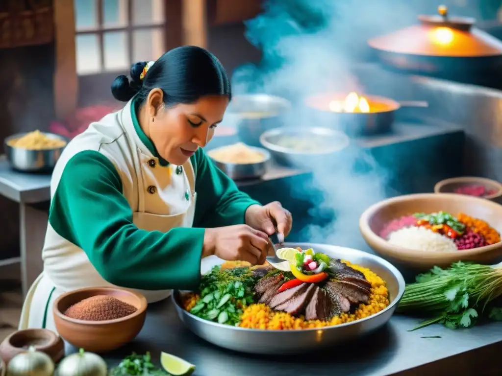 Un chef peruano prepara Arroz con Pato a la Chiclayana en una cocina tradicional