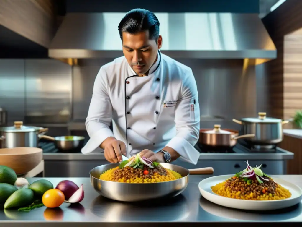 Un chef peruano prepara Arroz con Pato en cocina vanguardista, fusionando tradición e innovación en la gastronomía peruana