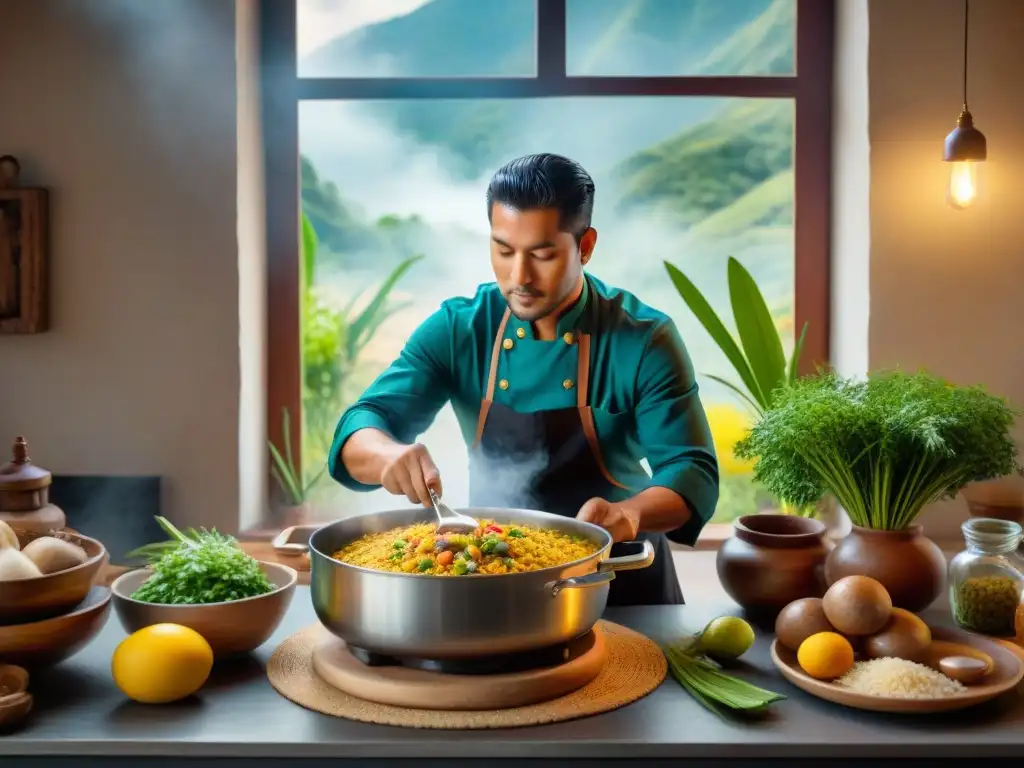 Un chef peruano preparando arroz con pato en una cocina tradicional, mostrando la historia y evolución de este icónico plato peruano