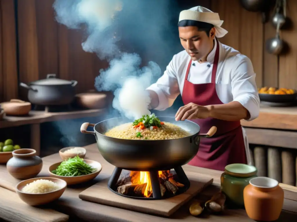 Un chef peruano preparando arroz con pato sobre fuego abierto en cocina rústica, evocando historia y evolución culinaria