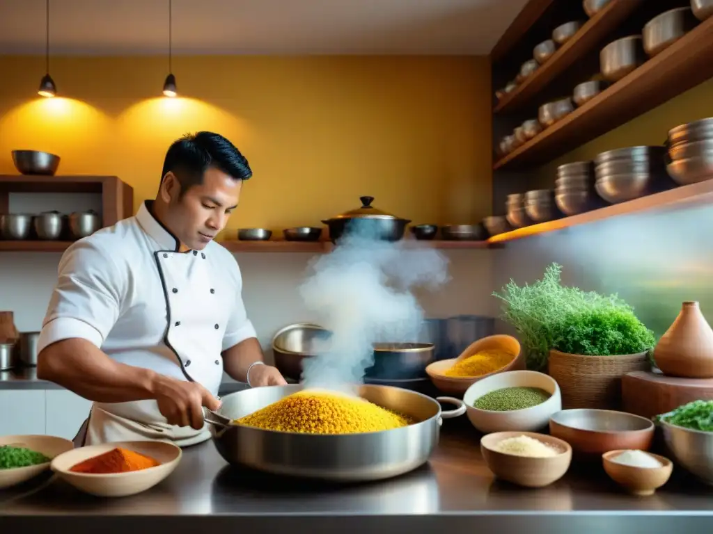 Un chef peruano preparando Arroz con Pato a la Chiclayana en una cocina tradicional, resaltando la riqueza cultural culinaria