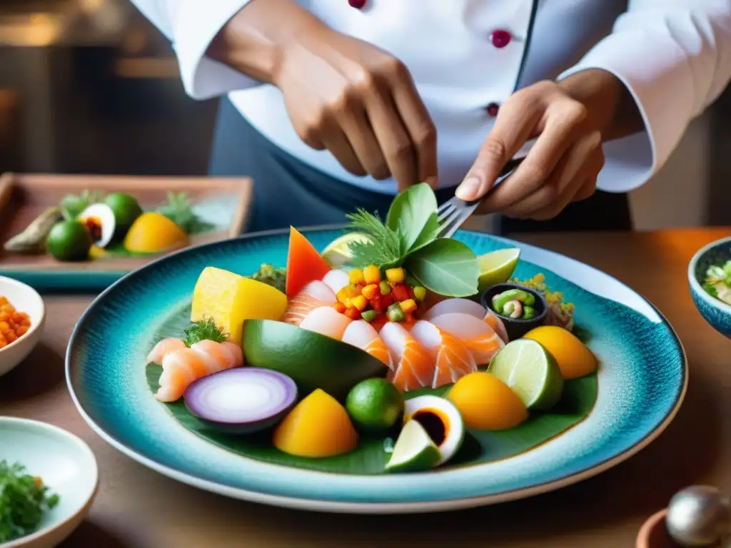 Un chef peruano muestra su arte culinario al preparar un ceviche en una vistosa etiqueta en la presentación gastronómica