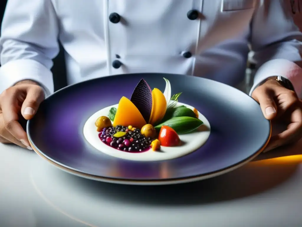 Un chef peruano plasmando arte culinario con ingredientes autóctonos en un elegante restaurante