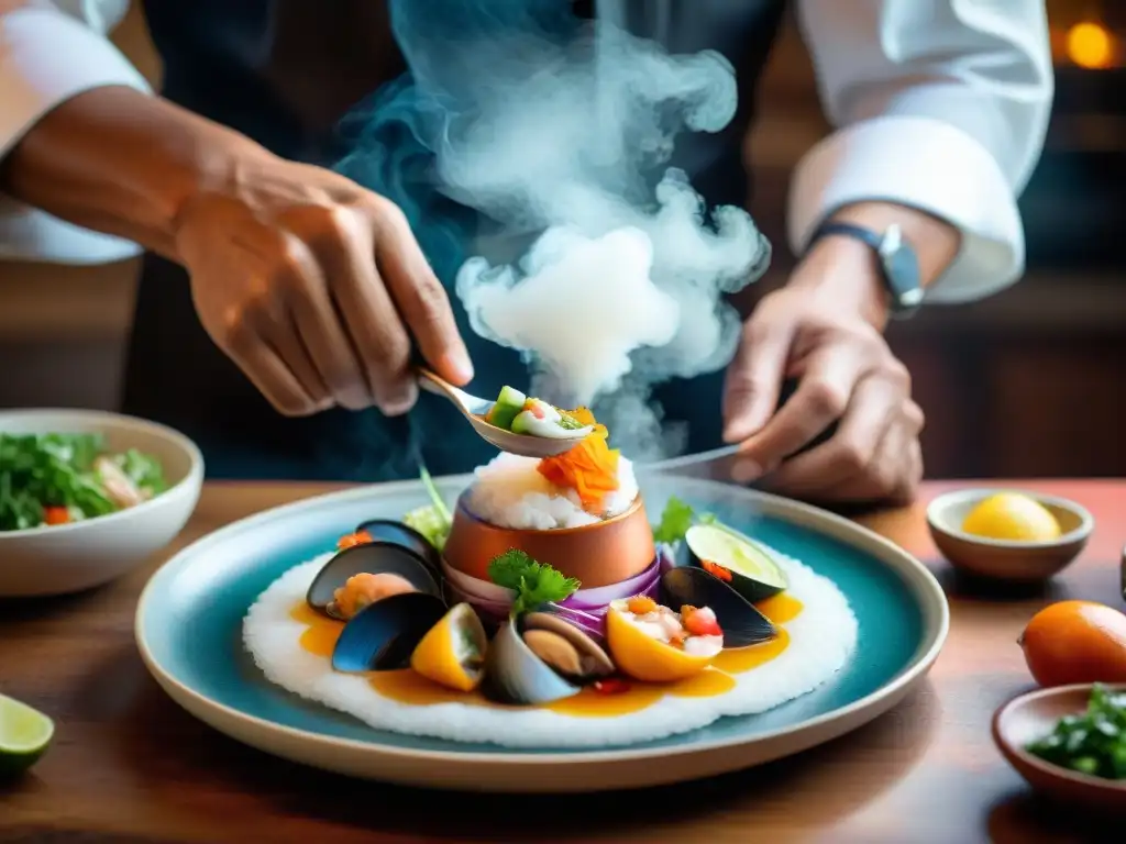 Un chef peruano muestra su arte culinario en alta cocina, creando un ceviche detallado y colorido