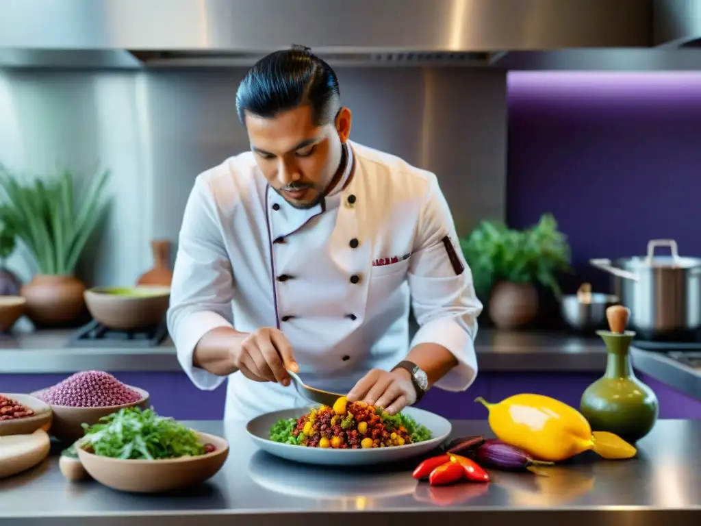 Un chef peruano prepara con arte y pasión un plato tradicional en un ambiente moderno