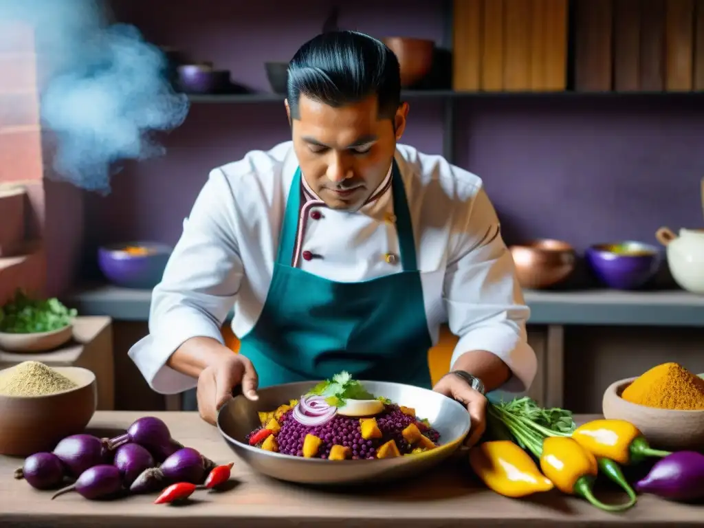 Un chef peruano en atuendo tradicional prepara con cuidado un plato colorido, rodeado de ingredientes vibrantes