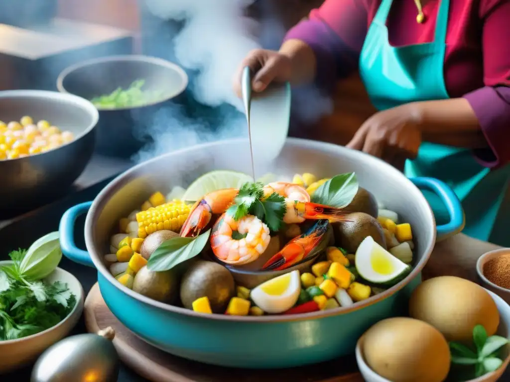 Un chef peruano prepara una auténtica receta de Chupe de Camarones en una cocina tradicional peruana