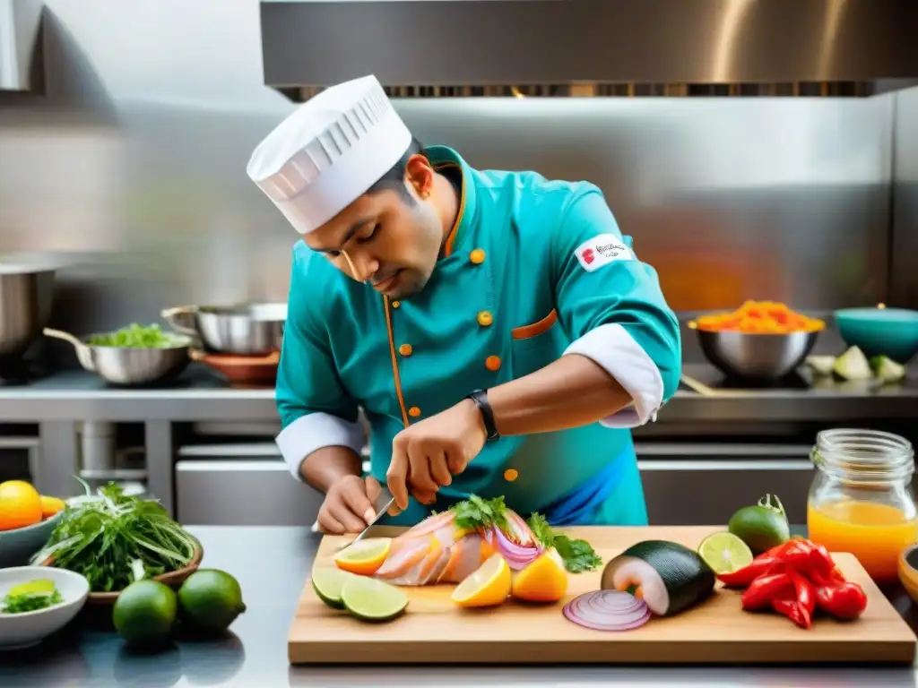 Un chef peruano auténtico preparando un Cebiche tradicional en una cocina contemporánea