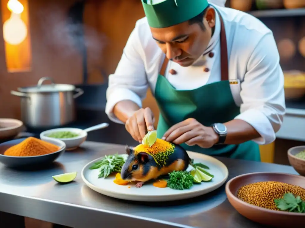 Un chef peruano prepara con maestría un auténtico Plato tradicional peruano Cuy Chactado en una cocina rústica