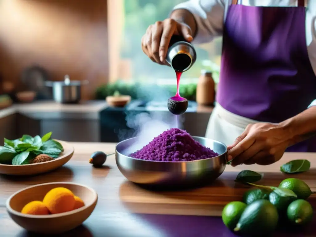 Un chef peruano prepara una bebida de saúco en una cocina vibrante