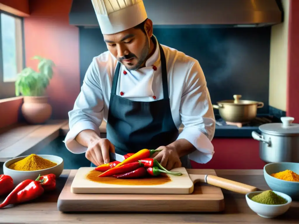 Chef peruano cortando ajíes con precisión, resaltando los beneficios del ají en cocina peruana