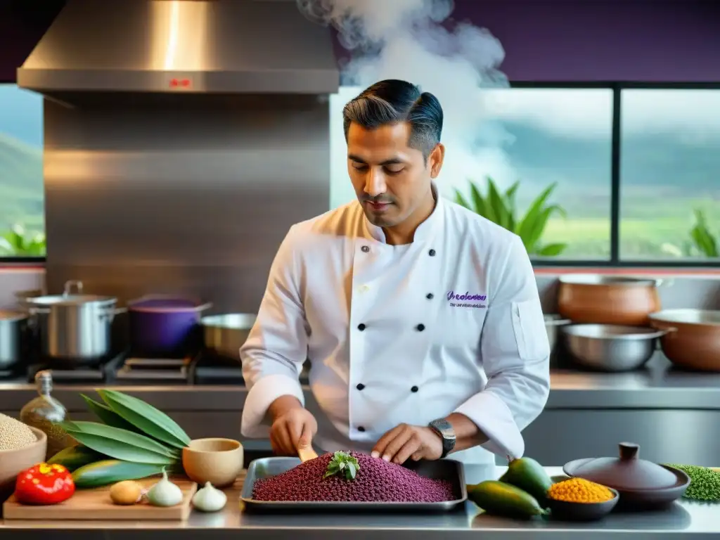 Chef peruano en su bulliciosa cocina, rodeado de ingredientes peruanos tradicionales, explicando una técnica culinaria a su equipo atento