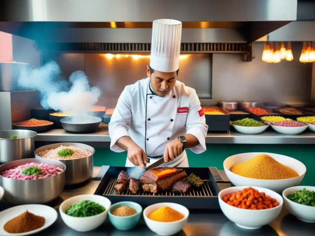 Un chef peruano usando una Caja China en una cocina bulliciosa, rodeado de ingredientes vibrantes