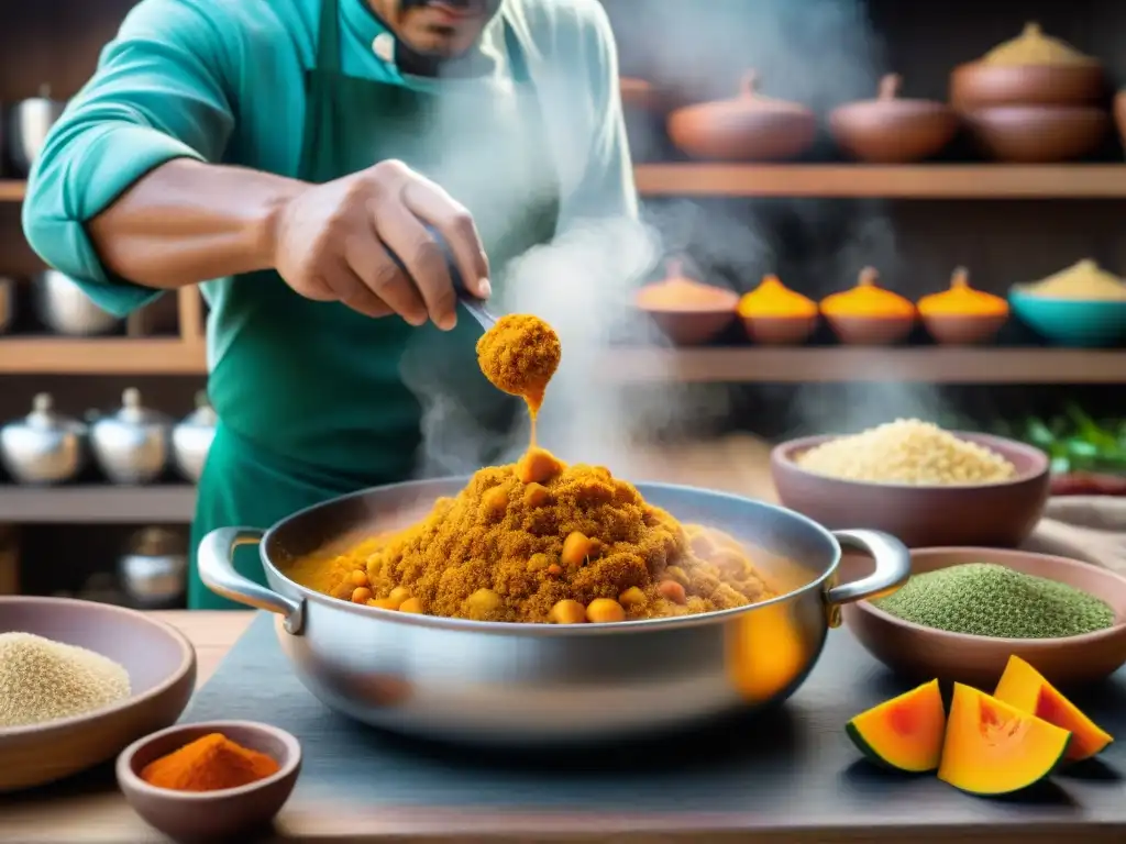 Un chef peruano usando un cucharón de calabaza para cocinar locro de zapallo